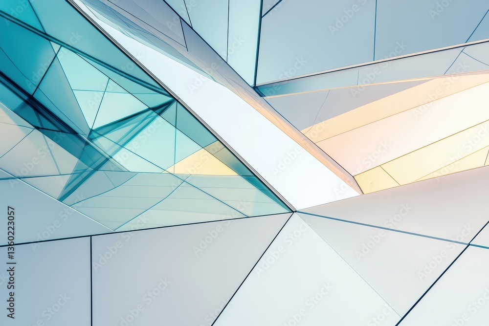 Poster a dynamic geometric composition featuring reflective surfaces and cool hues, creating a modern and a