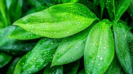 Obraz premium Close-up of vibrant green leaves with water droplets, showcasing natural freshness and vitality