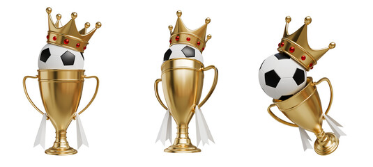 set of gold trophy cup award with football or soccer ball and crown for winner symbol element 3d illustration cutout © boommaval