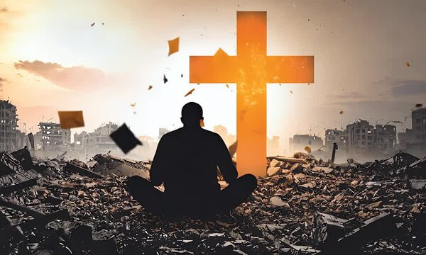 Silhouette figure meditating before an illuminated cross amidst ruins, with dust and debris in the air. Hope arises after destruction
