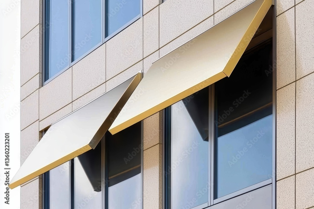 Poster modern building facade featuring stylish awnings above large windows, enhancing both aesthetics and 