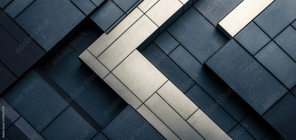 Poster abstract composition of geometric shapes and textures in shades of blue and silver, creating a moder