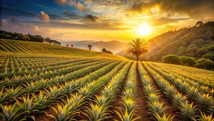 Fototapeta premium Golden Hour Illumination on a Pineapple Plantation with a Lone Palm Tree at Sunset