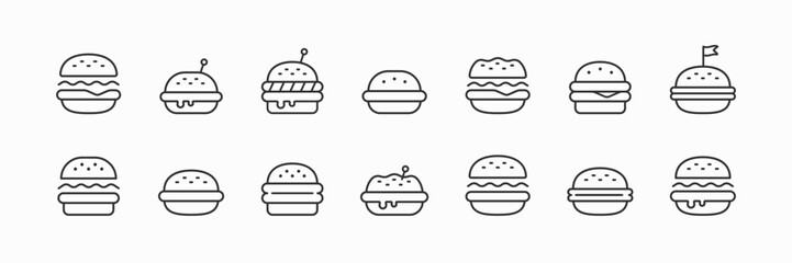 Burger line black icon set. Collection of fast food illustration sign. Food symbol or logo design template. Vector illustration