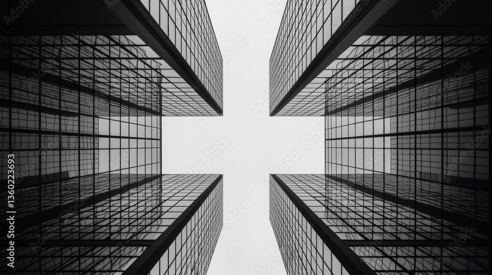 Poster a striking view of glass skyscrapers from below, creating a geometric pattern against a cloudy sky.