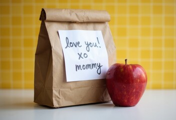 A brown paper bag with a note saying love you! xo mommy and a red apple