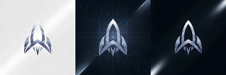 Cutting-edge rocket symbol with illuminated edges and digital grid for advanced branding