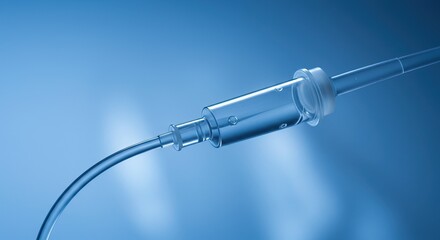 Close up of intravenous drip set with tubing against blue background, equipment, healthcare, dental, tool, medical, clinic, instrument