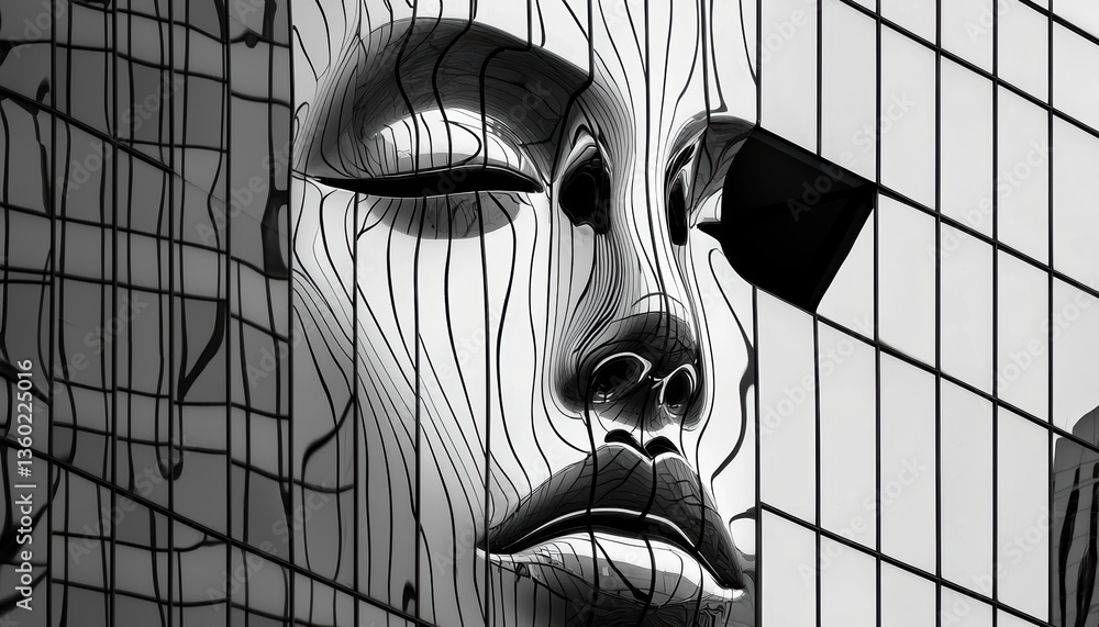 Poster a striking black-and-white artwork featuring a large, abstract face integrated with geometric lines 
