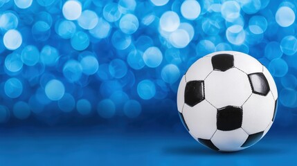 Naklejka premium A classic black and white soccer ball rests on a vibrant blue bokeh background perfect for sports related designs and advertisements creating a festive and dynamic atmosphere.
