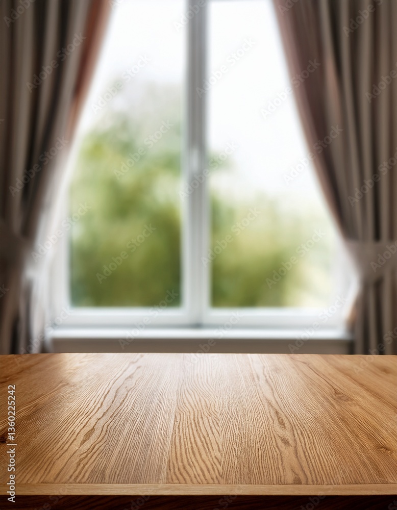 Poster wooden table top on blurred background of half curtained window. generated image