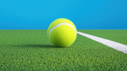 A vibrant yellow tennis ball rests on a lush green court near a crisp white line against a bright blue backdrop perfect for sports themes and advertising.