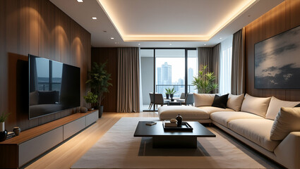 Modern Living Room with TV and Stylish Furniture: A Comfortable Home Entertainment Space Concept with Empty Space for Personal Touches - Perfect for Photo Stock Inspiration