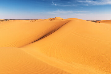 Windswept sand dunes create a mesmerizing pattern in the heart of a vast desert, stretching as far as the eye can see under a clear blue sky