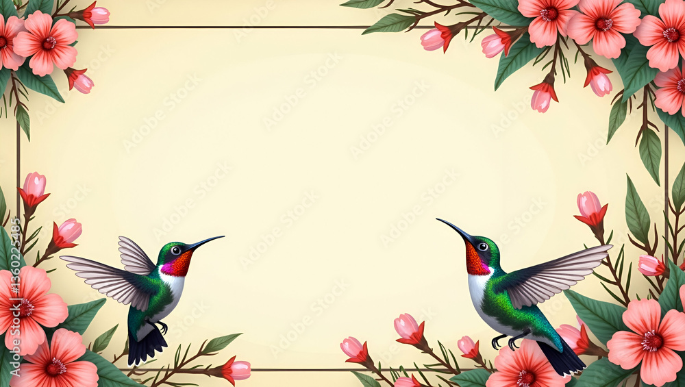 Poster hummingbird and flowering branches border frame with copy space for world wildlife day pollinators c