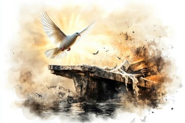 White dove in golden light above stone ruins and sea symbolizing the Holy Spirit, peace and spiritual rebirth. Digital watercolor painting illustration
