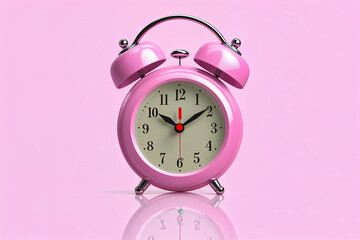 A sweet pink alarm clock serenely marking a new day's beginning against a soft pink background.