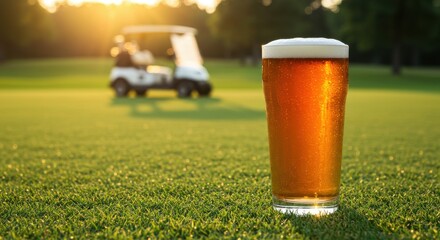 Refreshing beer on a golf course, evening relaxation scene