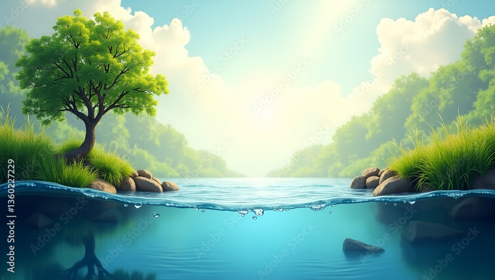 Poster tree and river flow border frame with copy space for world environment day: promote water conservati
