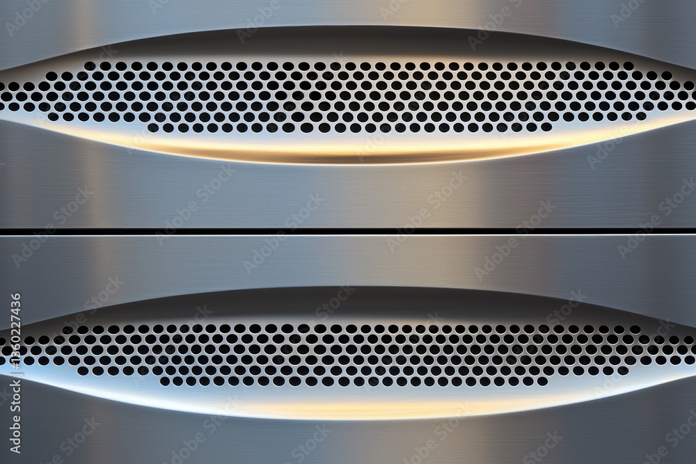 Poster a close-up view of a metallic surface featuring perforated patterns, showcasing modern design and sl
