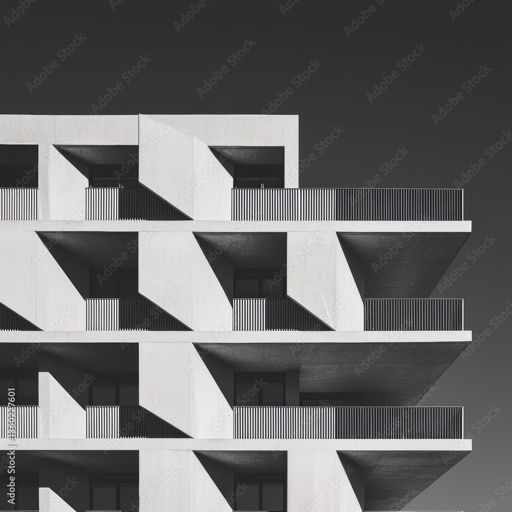 Poster a modern architectural design featuring a striking facade with angular balconies and sharp shadows, 