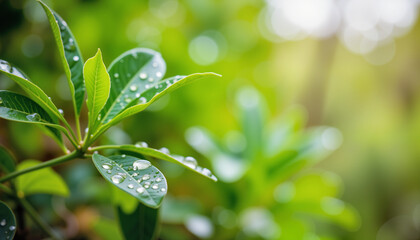 Obraz premium Raindrops on fresh green leaves in soft garden background, serene spring