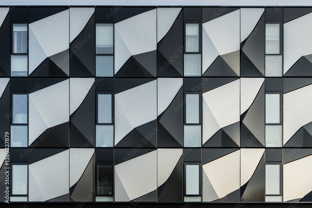 Poster a modern building facade featuring a geometric pattern of black and white panels, creating a visuall