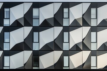 A modern building facade featuring a geometric pattern of black and white panels, creating a visually striking architectural design.