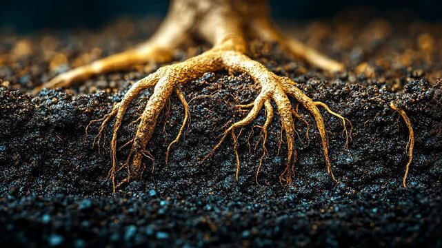 Exploring intricate root structures of a tree in dark soil conditions with detailed textures and natural environment showcasing the life beneath the surface