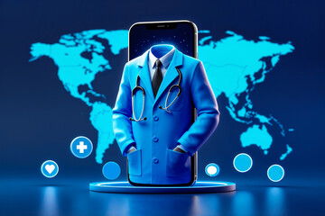 Global healthcare access: A doctor's coat emerges from a smartphone, symbolizing telehealth's...