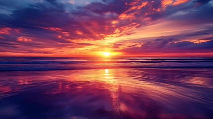 Obraz premium A brilliant sunset casts warm hues across the horizon, painting the sky in deep oranges and purples, while the ocean mirrors the sky, creating a perfect visual harmony