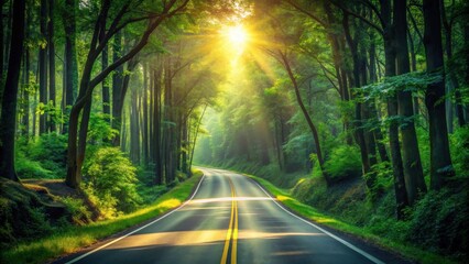 Fototapeta premium Sunlit Path Through Verdant Canopy A Scenic Drive Along a Winding Road in Lush Forest