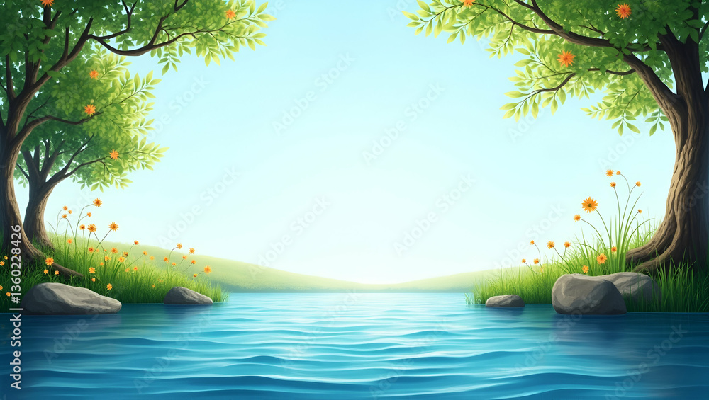 Poster tree and river flow border frame for world environment day water conservation