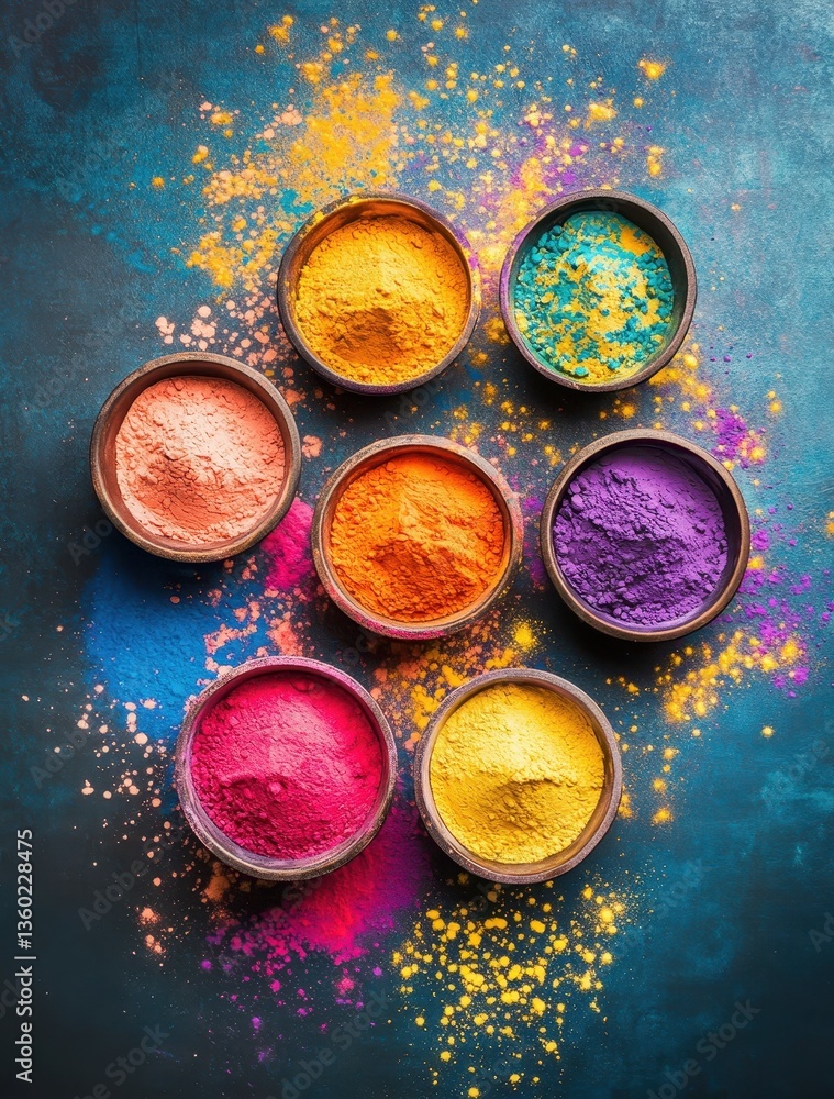 Poster vibrant colored powders in bowls creating a stunning display on dark surface for artistic and creati