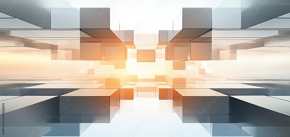 Poster a futuristic, abstract digital landscape featuring geometric cubes, creating a sense of depth and li