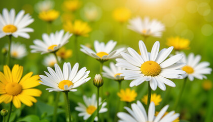 Fototapeta premium Close-up of daisies and buttercups in sunlit meadow, spring beauty