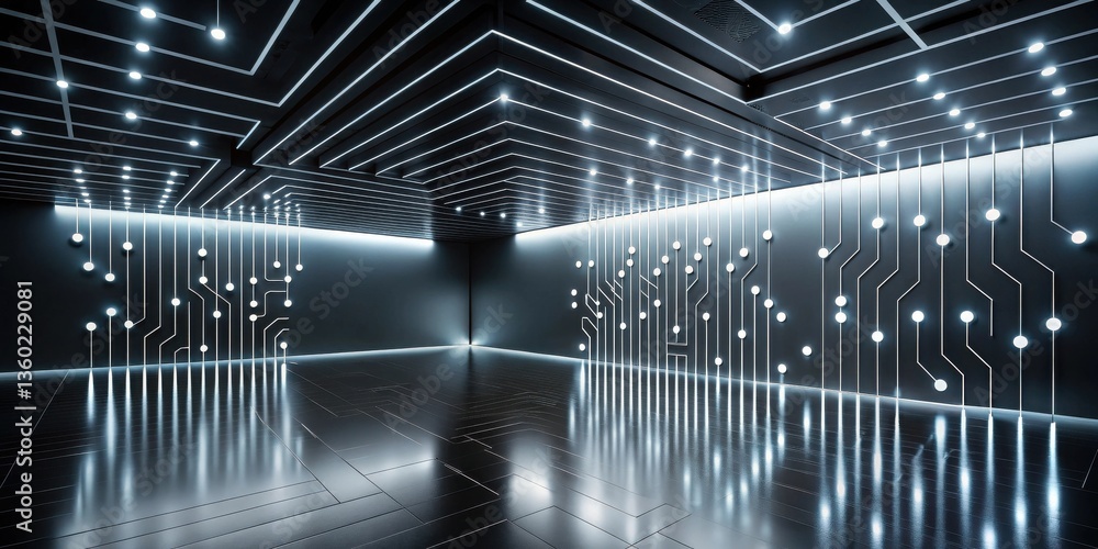 Poster modern illuminated interior design with circuit board pattern