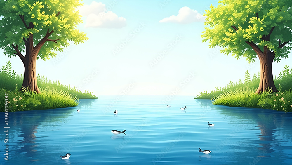 Poster tree and river flow border frame with copy space for world environment day: promote water conservati