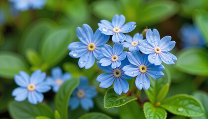 Delicate blue forget-me-nots adorned with raindrops, spring beauty