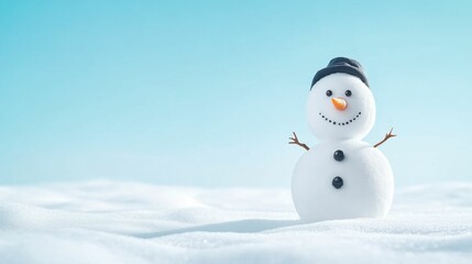 Obraz premium Close-up of a snowman in a snowy field, vibrant natural light, playful and cheerful winter setting