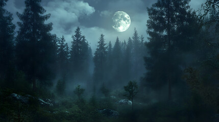 A full moon casts its silver light across a still forest, where the trees stand tall and silent under the glow, creating a peaceful, almost mystical atmosphere