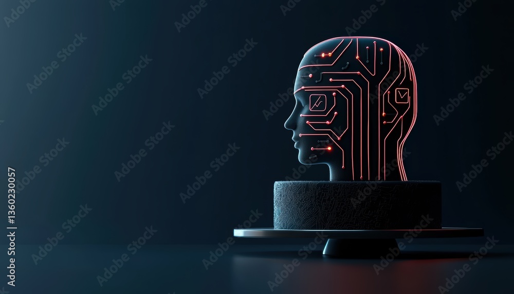 Poster a futuristic bust with circuit patterns is illuminated against a dark background, symbolizing the in