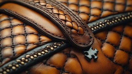 Close-up of brown leather bag detail with braided strap, quilted texture, and zipper.