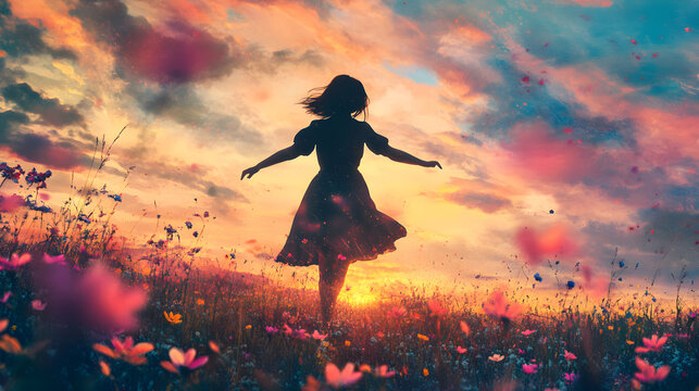 A girl dances through a fantasy sunset meadow, her silhouette framed by the vibrant hues of the evening sky, symbolizing the free spirit of youth and nature's embrace