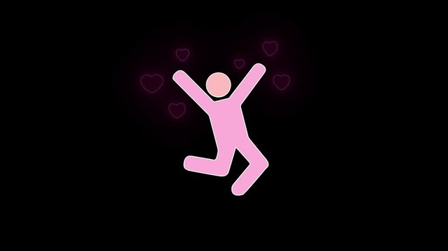 jumping a boy with joy, stick figure, red glowing hearts, black grid background, minimalist design, energetic and happy mood