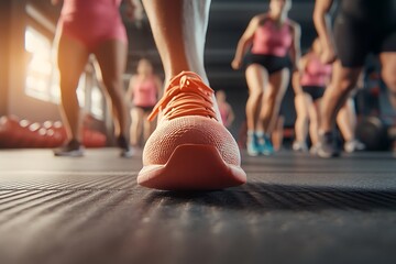 Fototapeta premium Athletes running in the gym wearing sports shoes, focus on fitness and training
