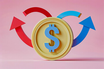 The Dynamic Dollar: A golden coin symbolizing financial growth and exchange, encircled by vibrant red and blue upward arrows on a soft pink background.