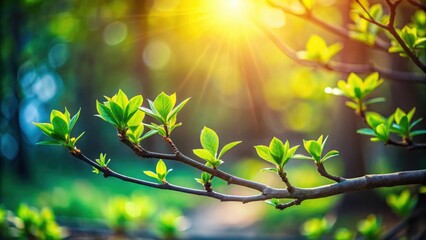 Obraz premium Vibrant New Spring Leaves Bask in Warm Sunlight on a Branch