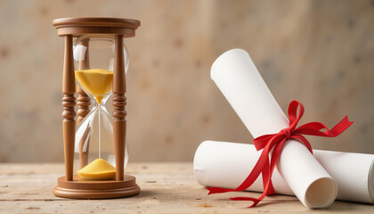 Classic hourglass and diploma symbolize achievement and time management