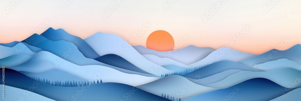 Poster stunning paper art landscape with layered mountains, rolling hills, and rising sun in soft pastel gr